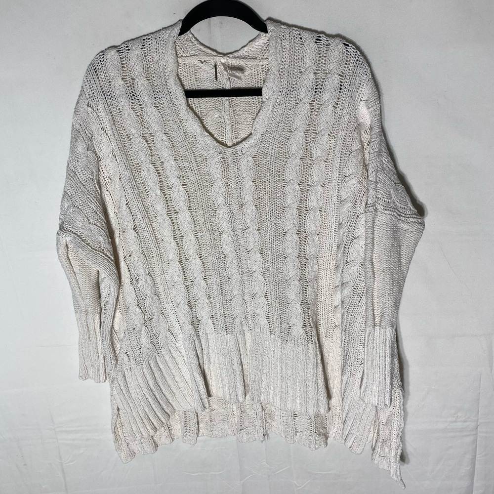 Free People Cream Cotton Oversized V Neck Cable Knit Sweater S Boho Festival